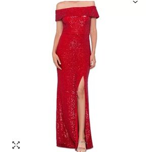 Xscape Red Sequin Off-the-Shoulder Gown